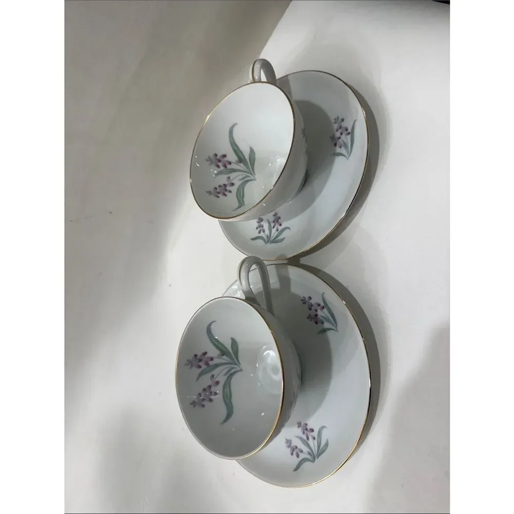 R KPM Krister Germany White Porcelain Teacup Saucer Set F669. 27 Purple Floral
